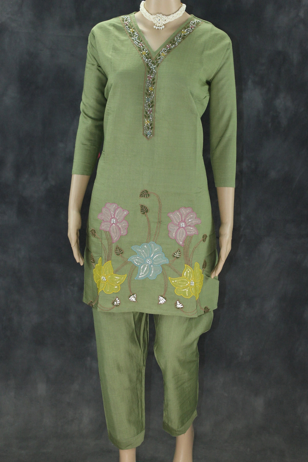 Olive Green Embroidered Cotton Kurti Set with Elastic Pant - V-Neck, Bead & Aari Work Kurti JCS Fashions Olive Green Small (36)
