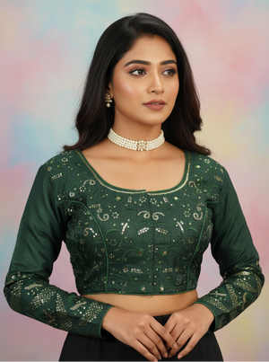 Green Sequence Padded Full Sleeve Designer Blouse with Back Knot, Readymade Fully Stitched