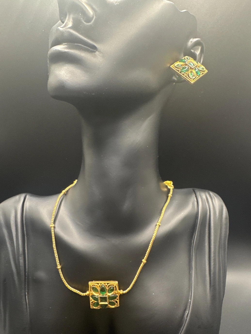 Gold-Tone Green Stone Traditional Necklace Set with Matching Studs Jewelry JCS Fashions Green 3.5 inch