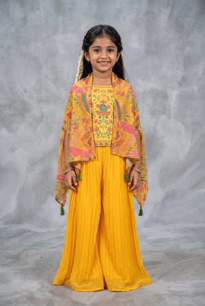 Girls Yellow Georgette Palazzo 3-Piece Set with Flared Kurti and Matching Dupatta