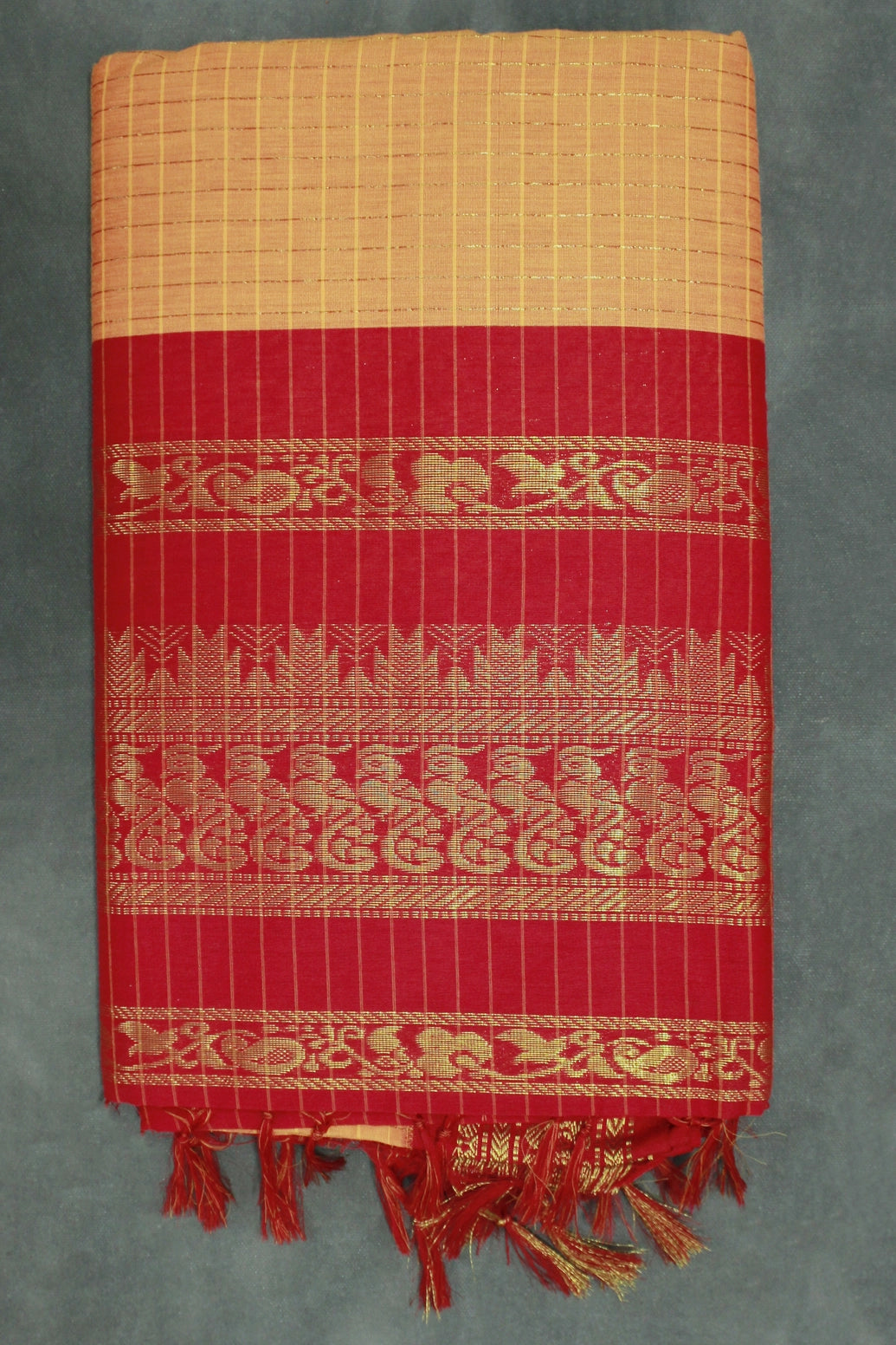 Orange Kalyani Cotton Saree with Zari Checked and Peacock Border and Blouse - Orange
