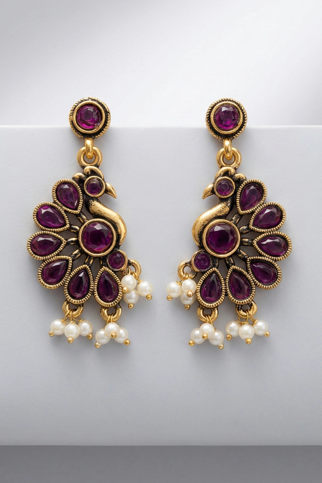 Purple Stone Antique Gold-Tone Floral Dangling Earrings with Pearl Drops for Traditional Wear - Purple