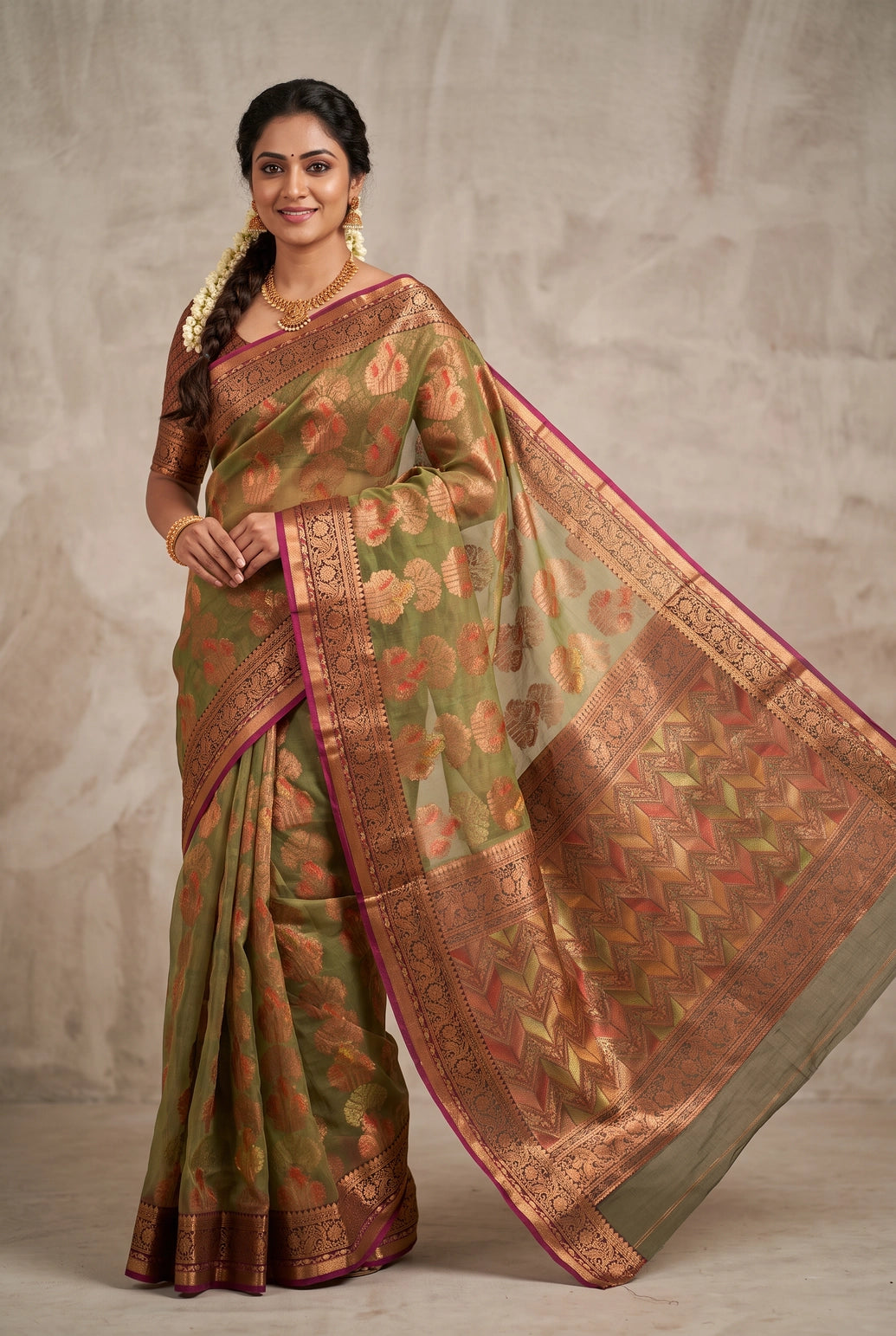 Green Cotton Organza Saree with Zari Grand Pallu and Designer Border, Comes with Blouse - Green