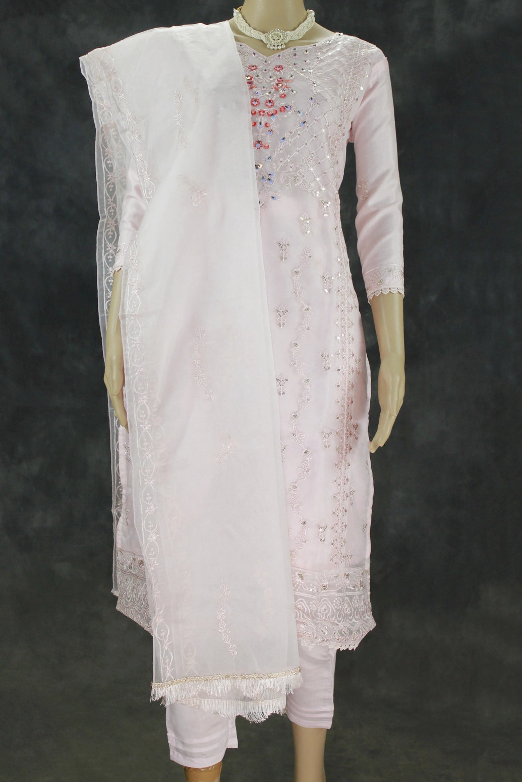 Light Pink Roman Silk 3-Piece Kurti Set with Organza Work Pant & Sequined Dupatta - Light Pink