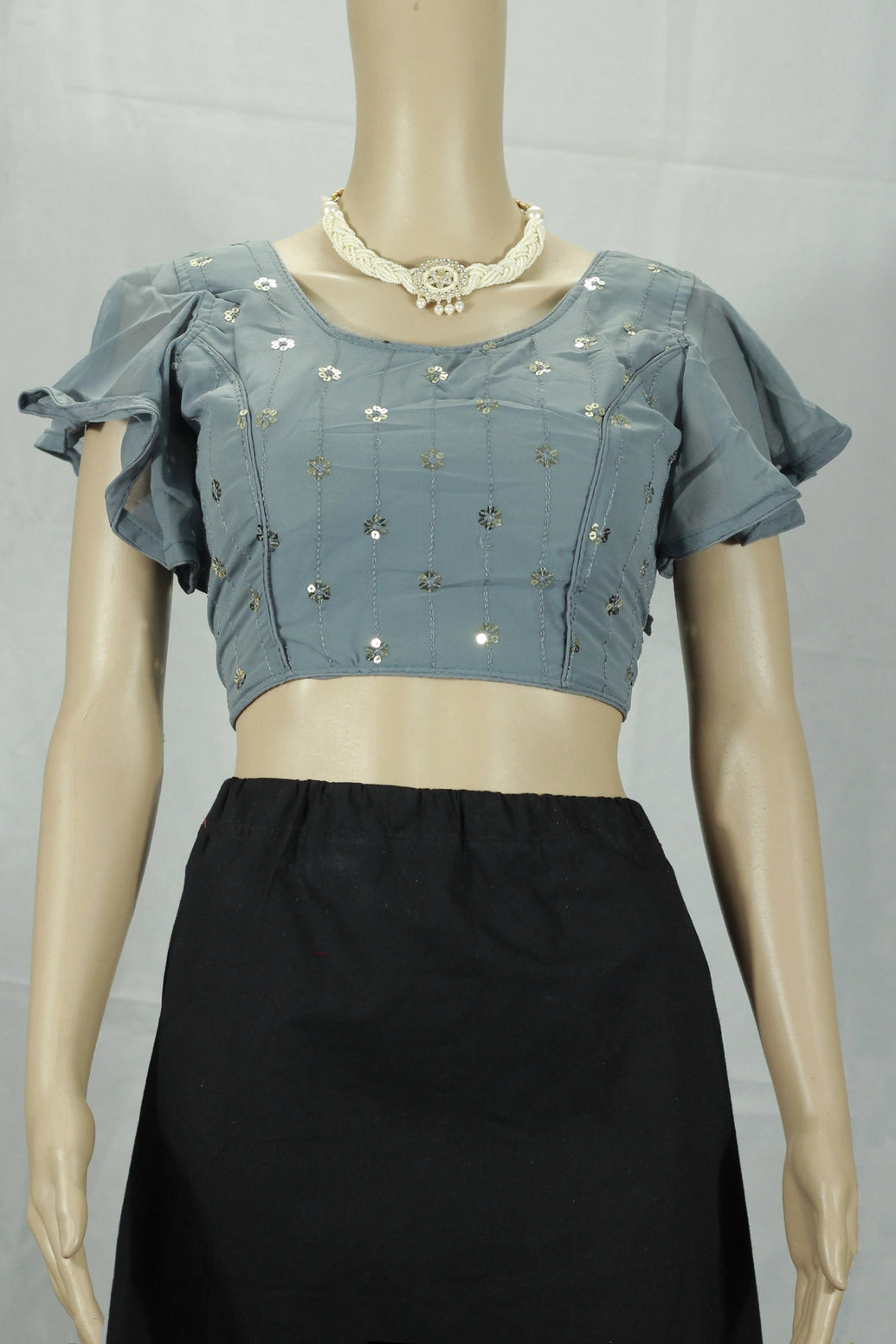 Grey Readymade Padded Designer Sleeveless Blouse with Embroidery Work, Back Knot, Fully Stitched - Grey