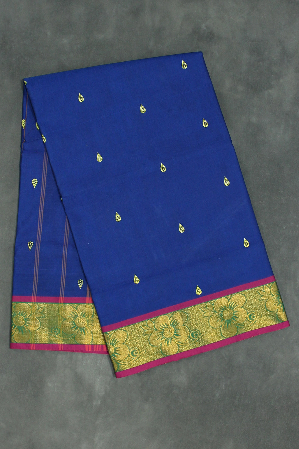Royal Blue Poly Cotton Butta Saree with Gold Zari Floral Border, Striped Pallu - Traditional Indian Saree Saree JCS Fashions Royal Blue 5.5 meters