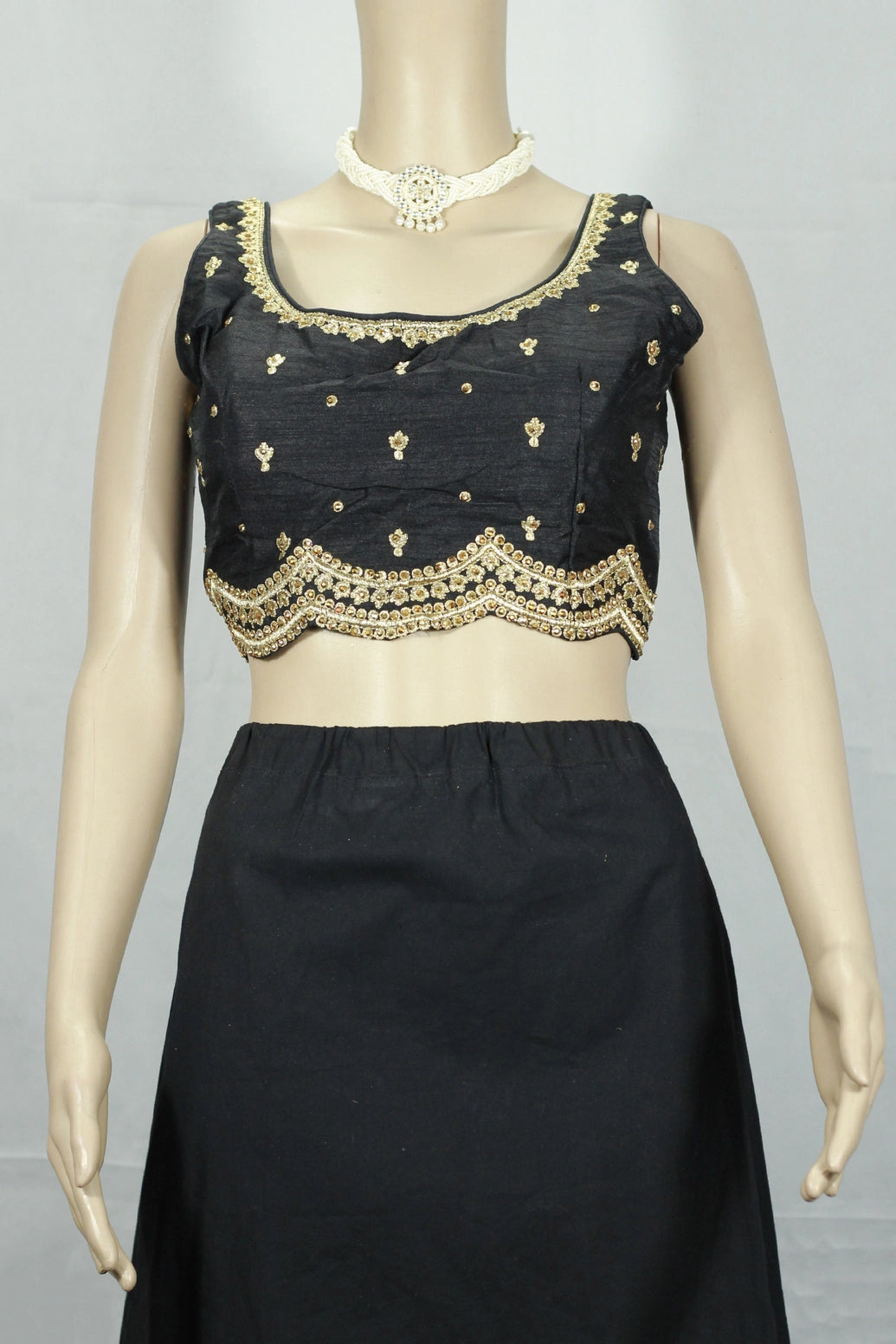 Black Readymade Padded Designer Blouse with Sequin Floral Motifs, Sleeveless, Back Knot, Adjustable up to 44 - Black