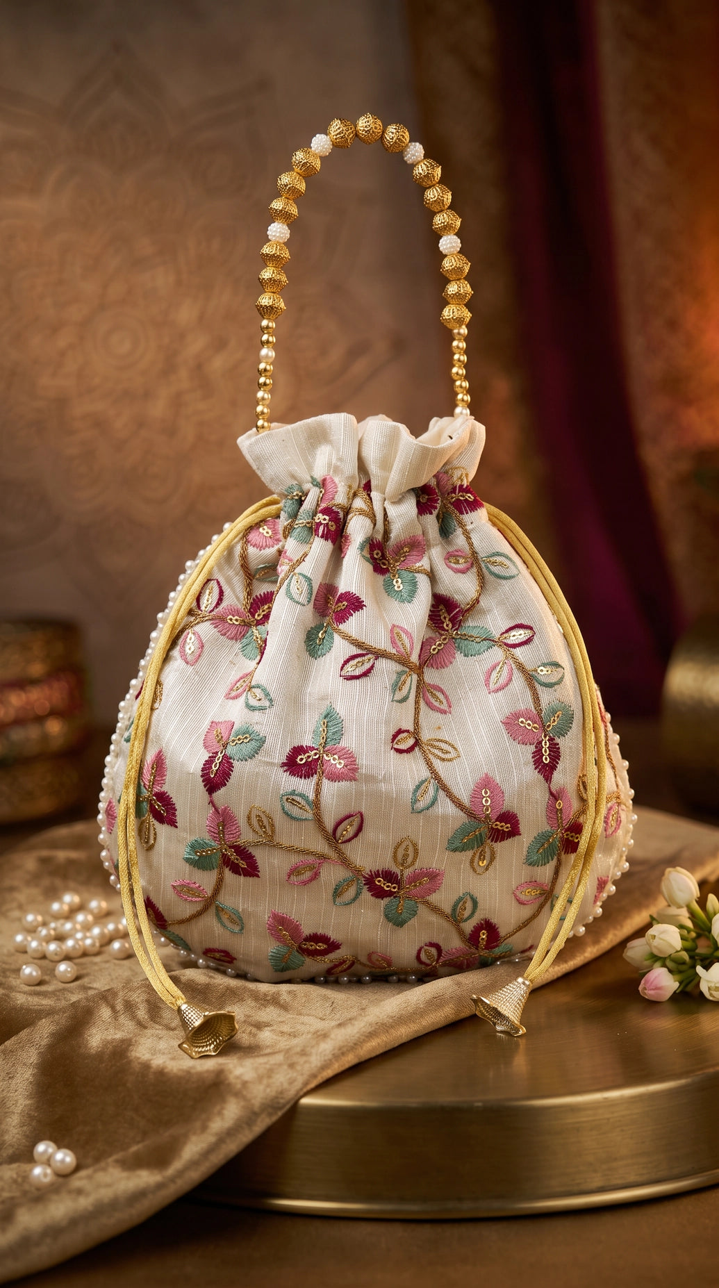 Cream Floral Embroidered Ethnic Potli Pouch with Drawstring, Pearl Bead Trim for Wedding Festive Gifts - Cream