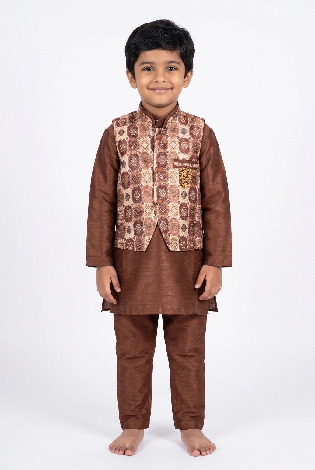 Boys’ Brown Koti Kurta Set (3-Piece) with Printed Sleeveless Koti & Traditional Motifs - Brown