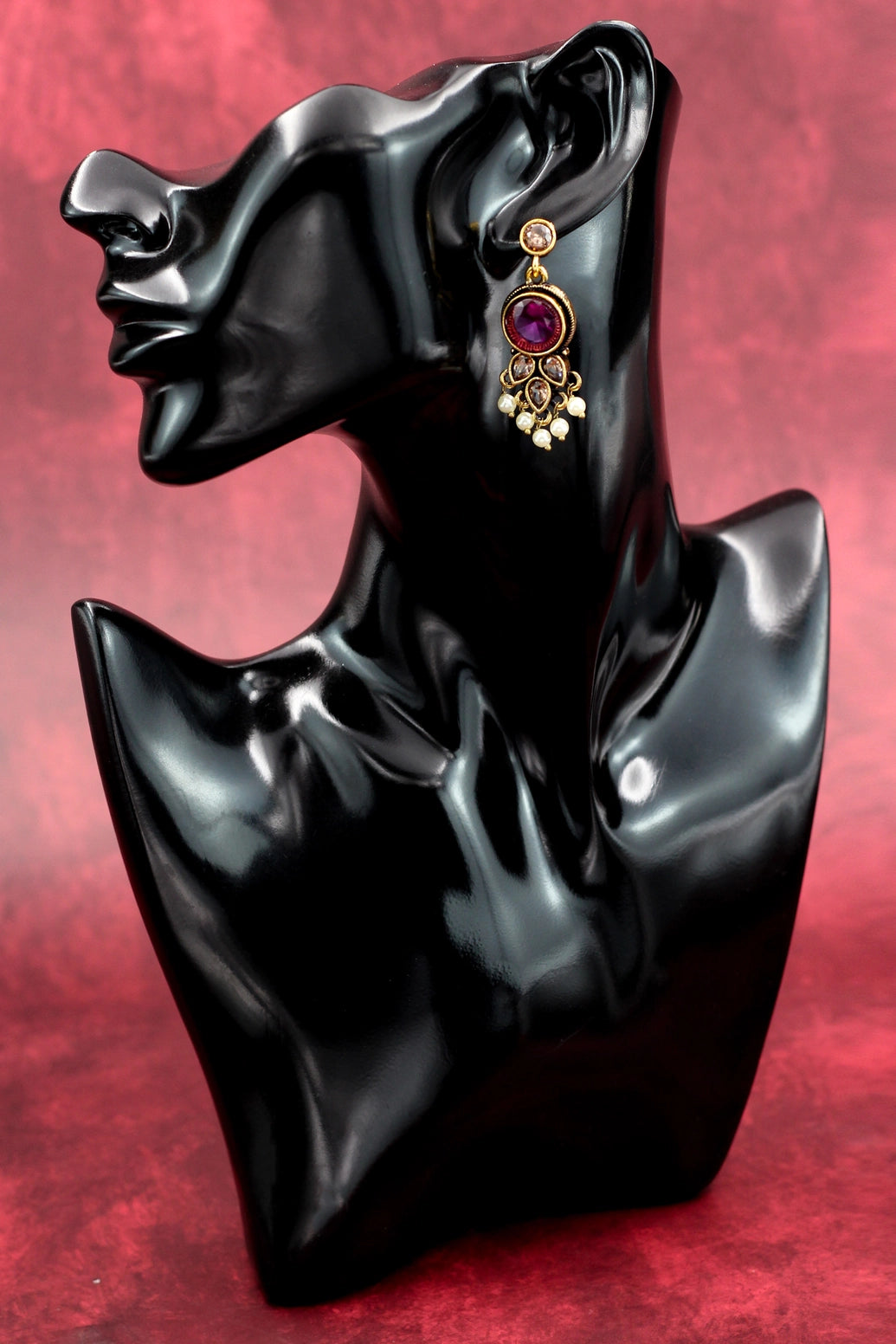 Purple Stone Pearl Drop Earrings - Gold-Tone Antique Finish Ethnic Fashion Jewellery Jewelry JCS Fashions Purple 2 inch
