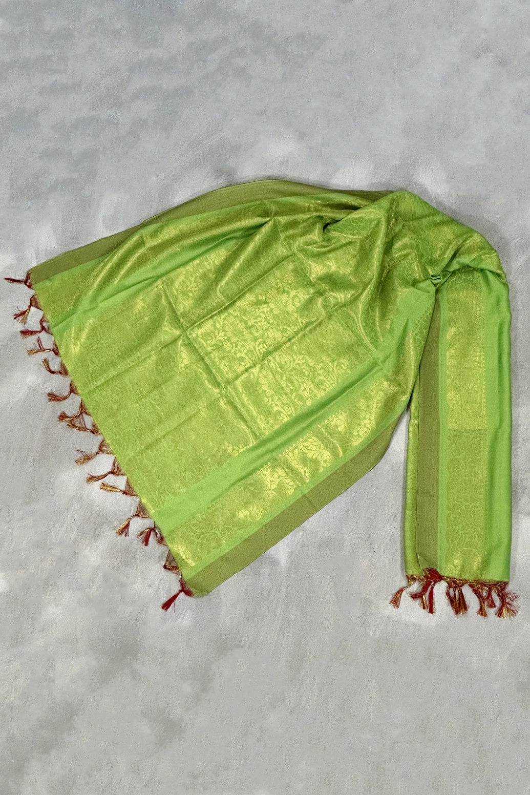 Parrot Green Ponnadai Poly Silk Jacquard Temple Shawl with Tassels for Pooja, Weddings & Functions - Parrot Green
