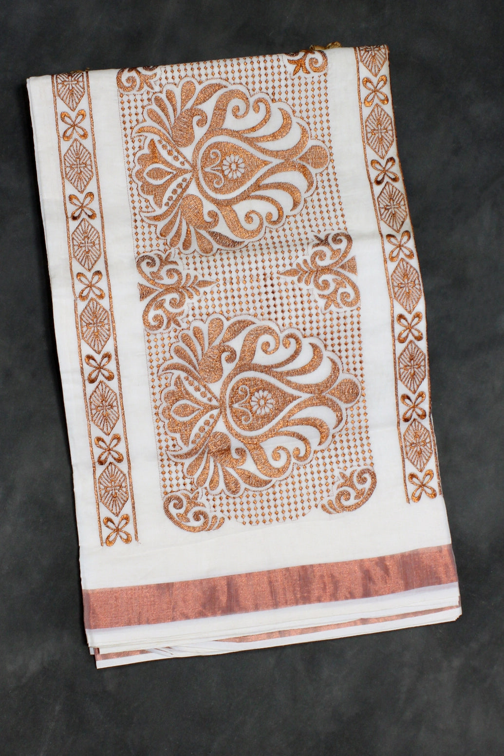 Pure Kerala Cotton White Saree with Copper Zari Peacock & Leaf Embroidery - White