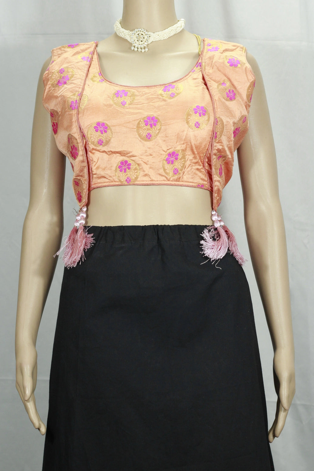 Light Orange Readymade Designer Padded Blouse with Jari Work and Tassel Detailing, Elbow Sleeves - Light Orange
