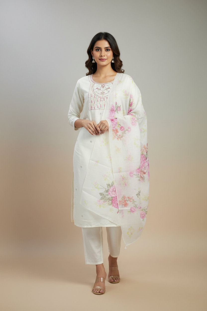 White Roman Silk Kurti with Pant & Organza Digital Dupatta - Zari Sequence Neck Design, 3-Piece Set