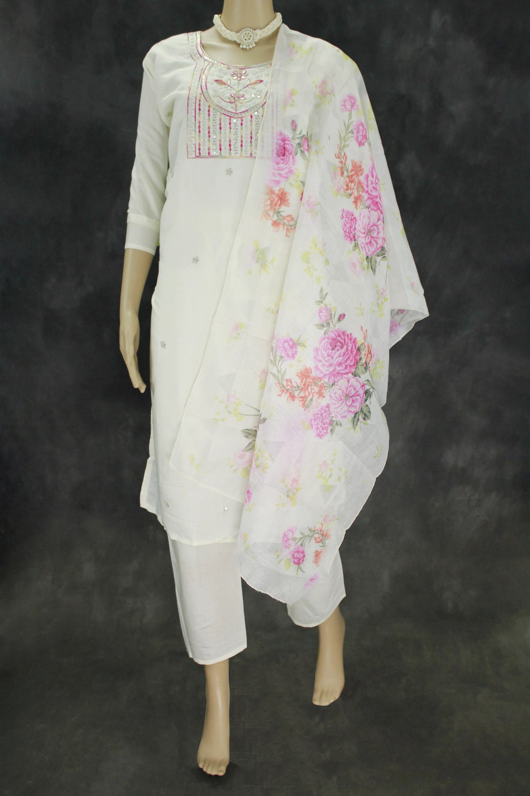 White Roman Silk Kurti with Pant & Organza Digital Dupatta - Zari Sequence Neck Design, 3-Piece Set - White
