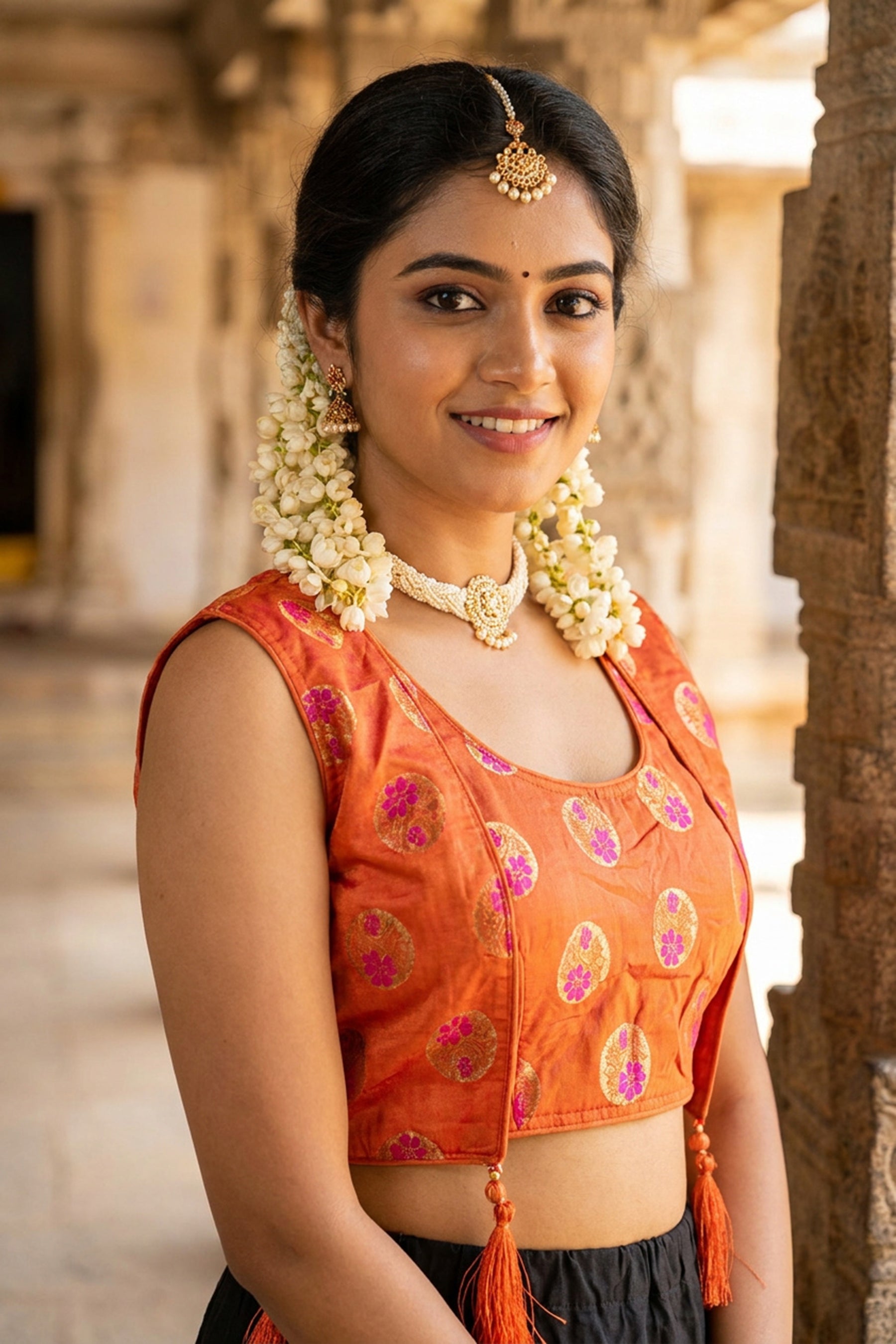 Orange Readymade Designer Padded Blouse with Jari Work & Tassel Detailing, Fully Stitched
