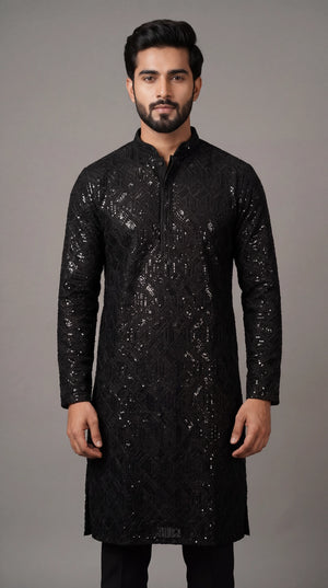 Men’s Black Chikankari Cotton Kurta with Sequin Embroidery for Festive Wear