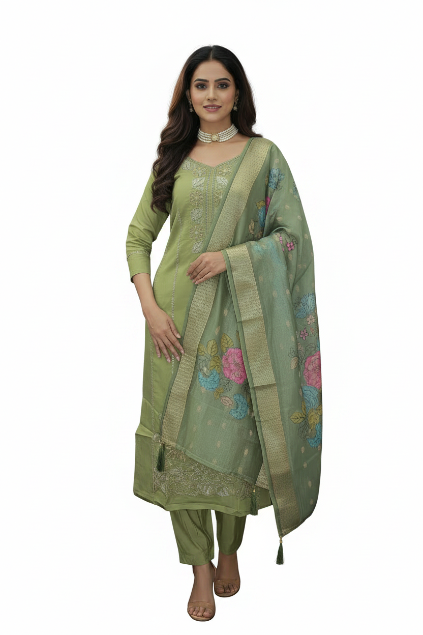 Olive Green 3-Piece Kurti Set with Aari Work, Beaded Details & Digital Jacquard Dupatta (Kurti, Pant, Dupatta)