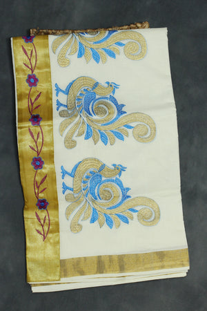 Pure Kerala Cotton White Saree with Gold Zari Border and Blue Peacock Embroidery - Blouse Included