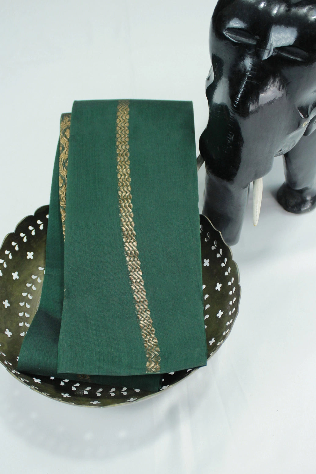 Dark Green Silk Cotton Saree with Zari Border and Matching Blouse - Dark Green