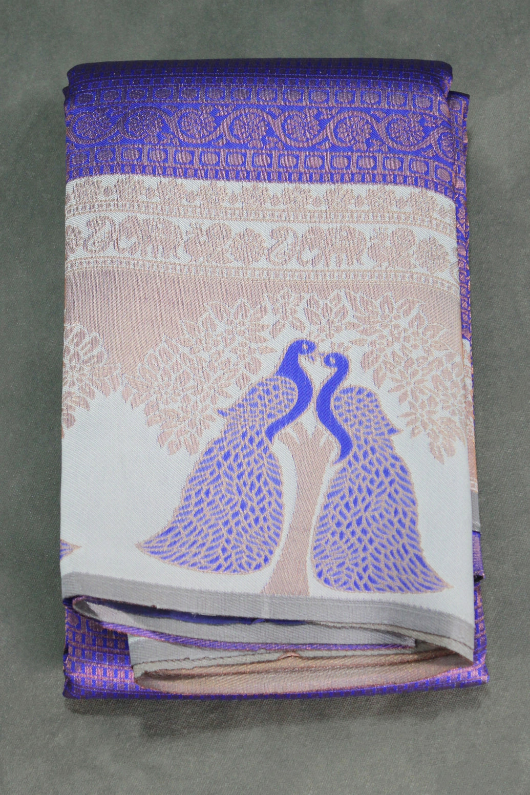 Blue & Cream Kubera Pattu Silk Saree with Peacock Border, Comes with Blouse - Blue & Cream