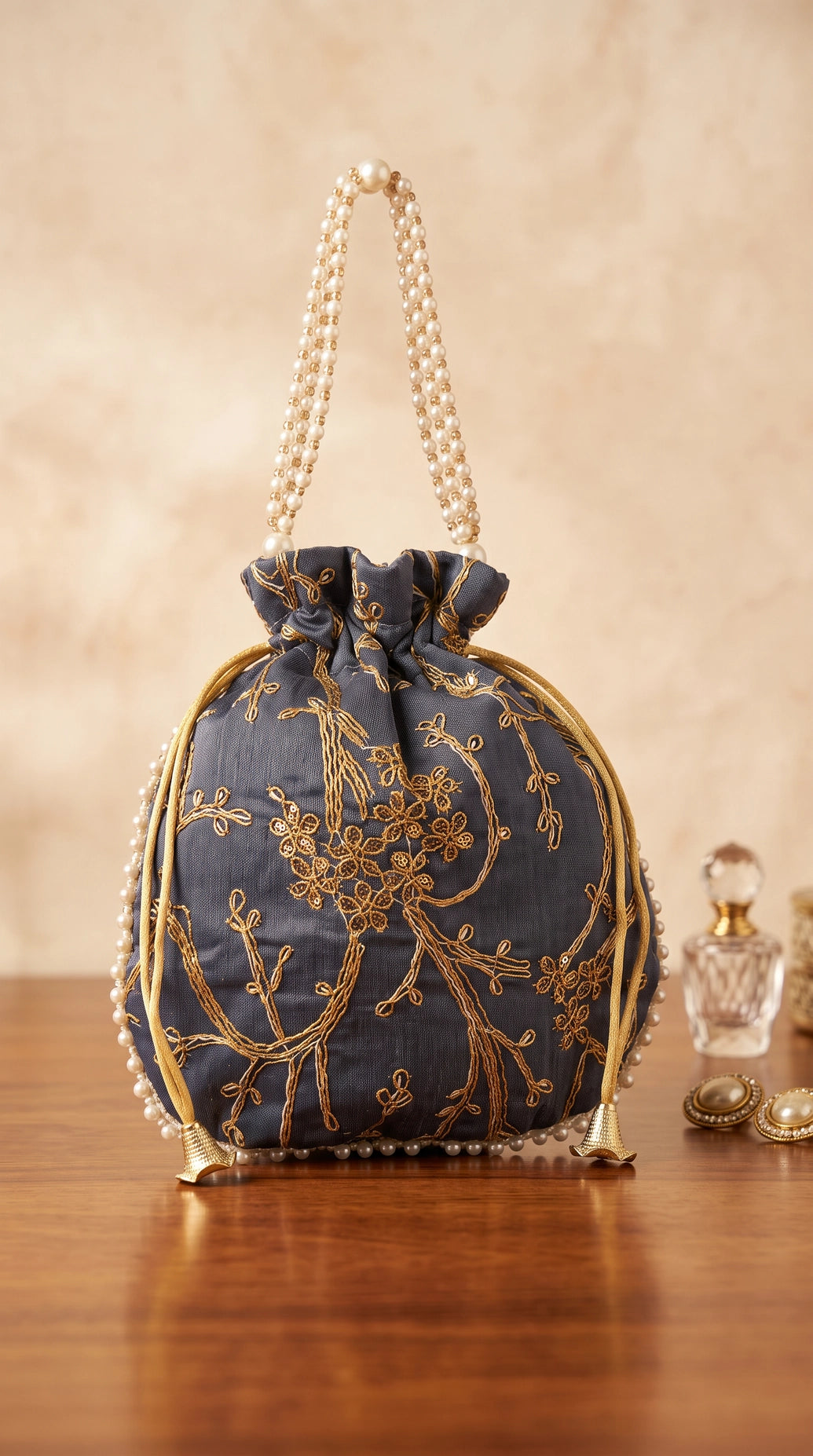 Grey Embroidered Potli Bag with Pearl Bead Trim and Gold Floral Work, Drawstring Wedding & Return Gift Pouch - Grey