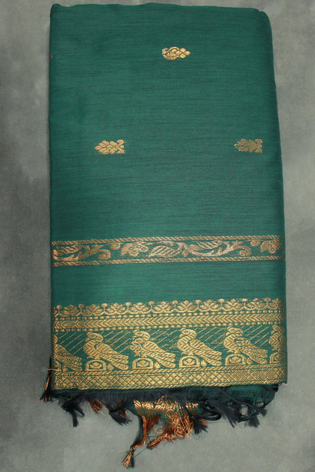 Green Kalyani Cotton Saree with Putta Design and Zari Border, Includes Blouse - Green