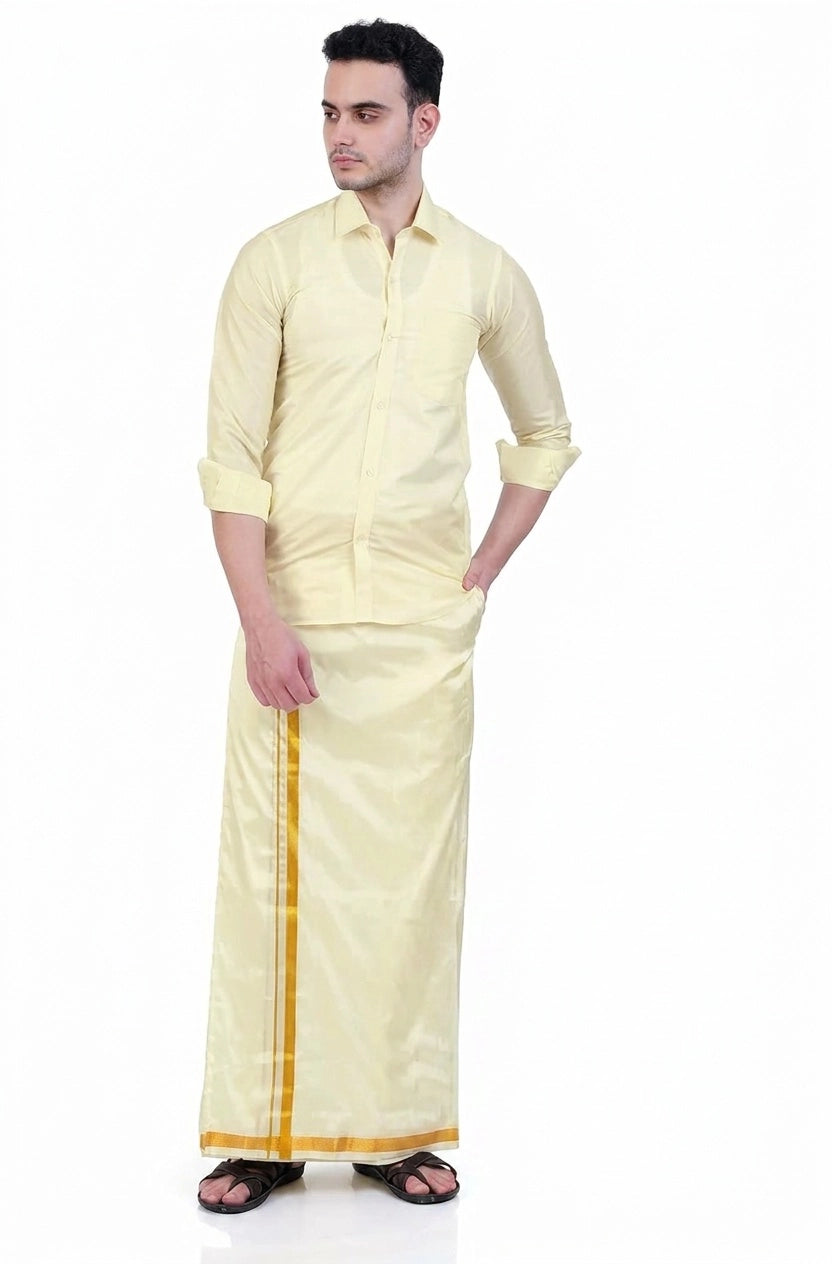 Men’s Cream Art Silk Dhoti with Elastic Velcro Waist and Pocket, Woven Gold Zari Border - Cream