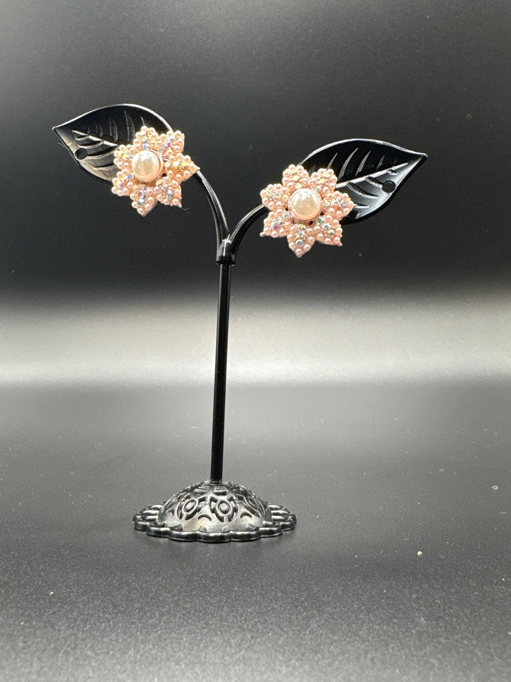 Pink Floral Pearl Stud Earrings-Rose Gold-Tone Flower Design-0.5 inch