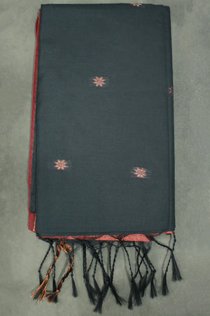 Black Maheswari Silk Cotton Saree with Small Butta and Zari Border, Blouse Piece Included