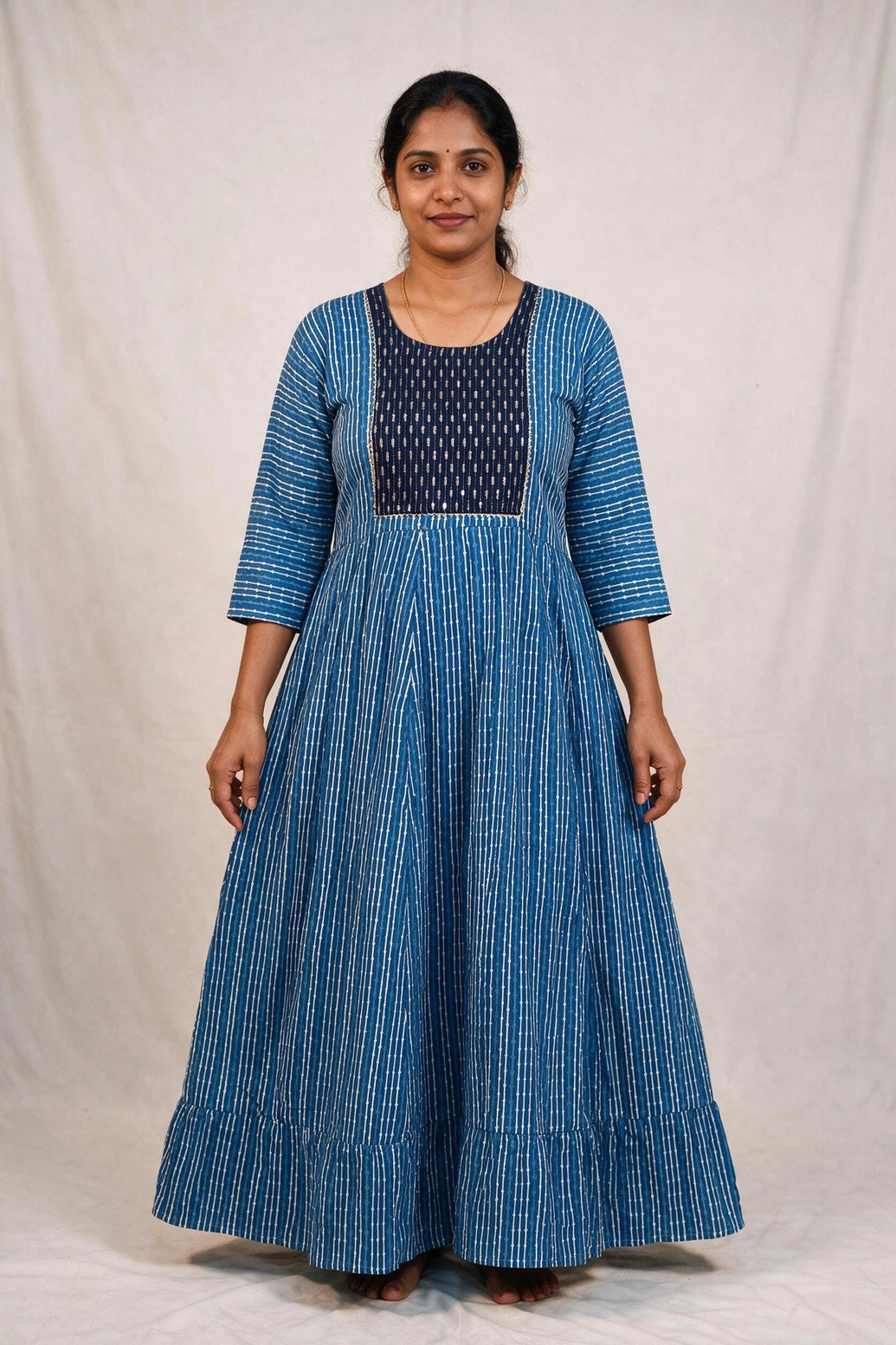 Navy Blue Cotton Anarkali Kurti with Geometric Floral Pattern & Silver Sequin Stripe Dori Detail - Navy Blue