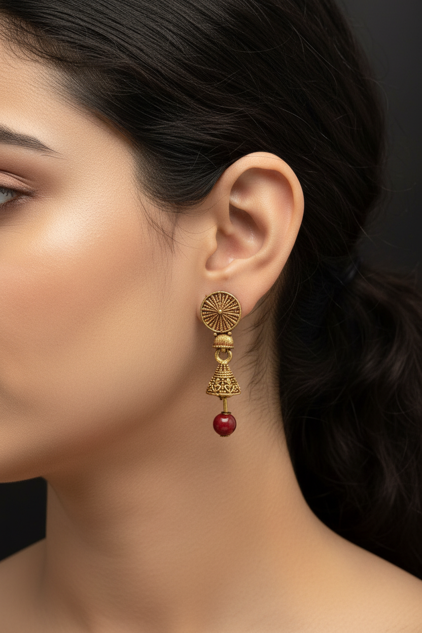 Maroon Antique Look Floral Jhumka Earrings – Gold-Tone