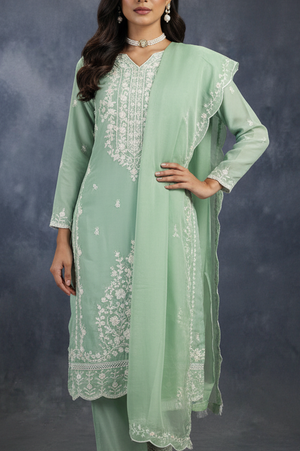 Pista Green Organza Kurti Set with Khatli Work & Beads, Roman Silk Salwar and Border Dupatta