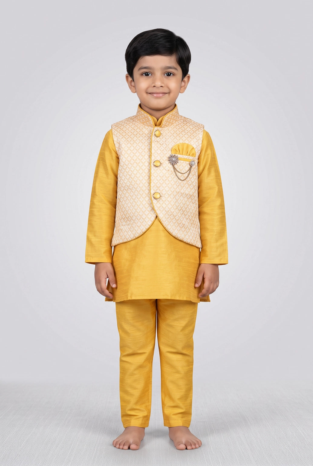 Boys Yellow Cotton 3-Piece Kurta Set with Printed Nehru Jacket, Matching Pants and Brooch - Yellow