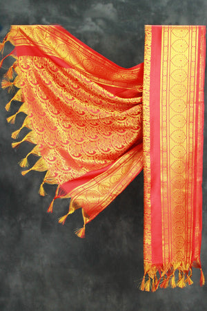 Red Zari Pattu Shawl Ponnadai for Events, Arangetram and Functions, Traditional Gold-Pattern Stole
