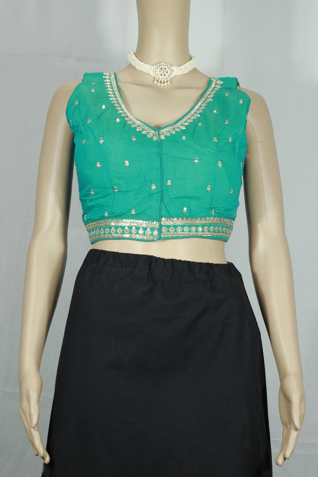 Teal Blue Deep Neck Zari Border Padded Readymade Blouse for Saree/Lehenga (Sleeveless) - Fully Stitched - Teal Blue