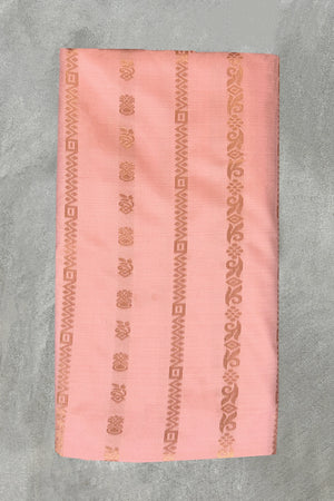 Peach Semi Soft Silk Saree with Contrast Border and Delicate Gold Zari Buttas