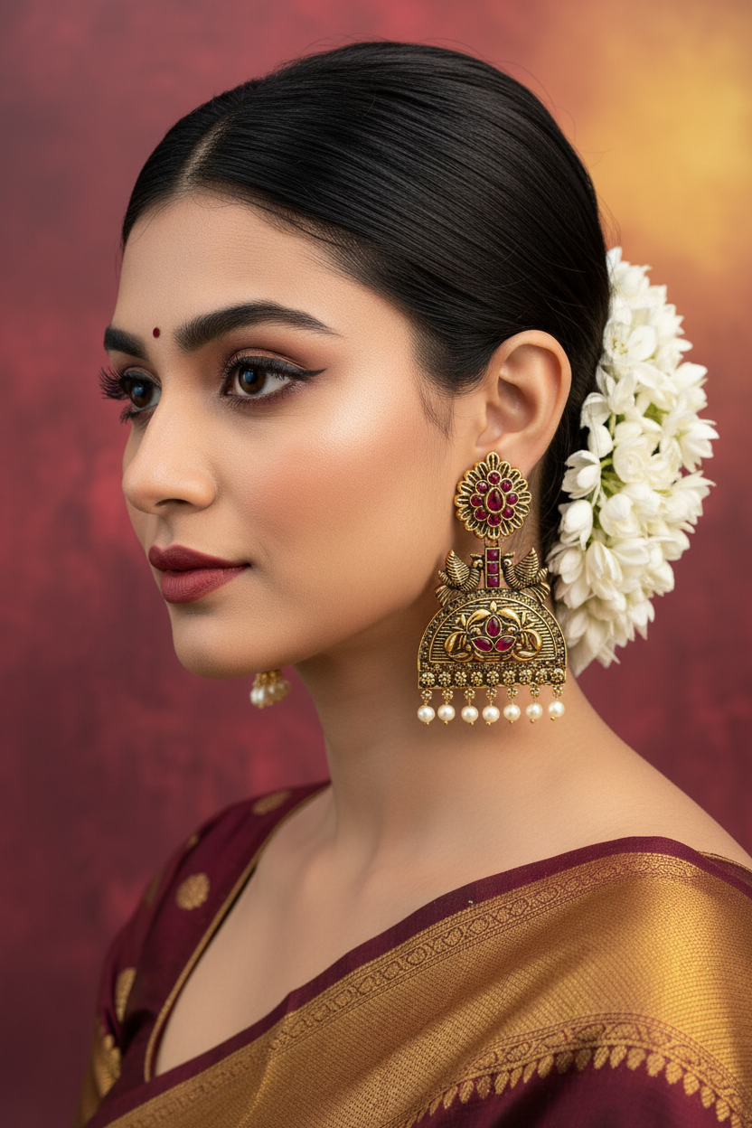 Red Stone Antique Gold Jhumka Earrings with Pearl Drops - 3 Inch Traditional Indian Fashion Jewellery