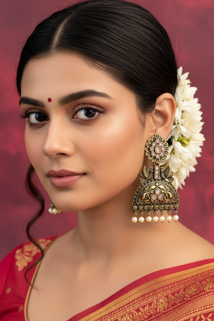 Antique Gold-Tone Jhumka Earrings with Light Onion Pink Stones and Pearls - Floral Stud with Bird & Lotus Motifs, 3 inch