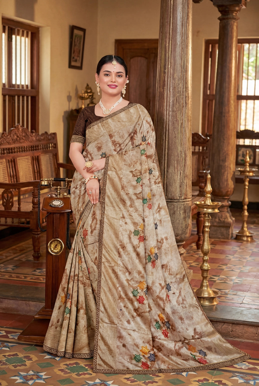 Brown Chiffon Fancy Tie-Dye Saree with Star Motifs and Shimmer Striped Border with Blouse - Brown