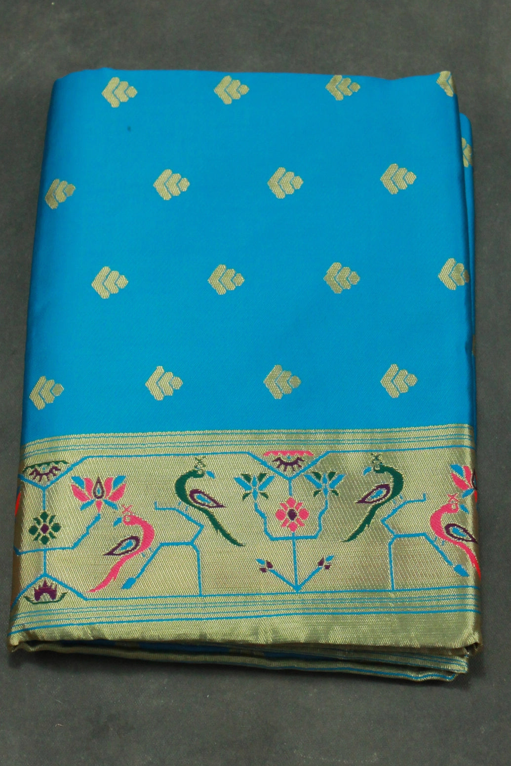 Blue Paithani Pure Silk Saree with Zari Woven Peacock Pallu and Contrast Design Border - Blue