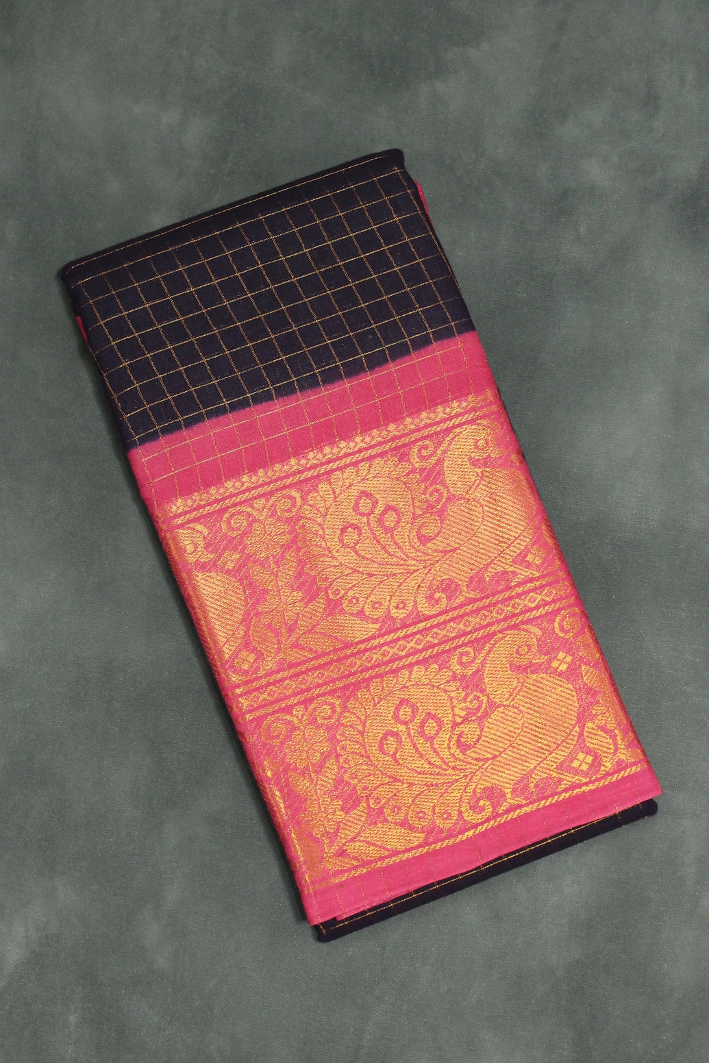Dark Purple Sungudi Cotton Saree with Checked Zari Body and Pink Peacock Zari Double Border - Dark Purple