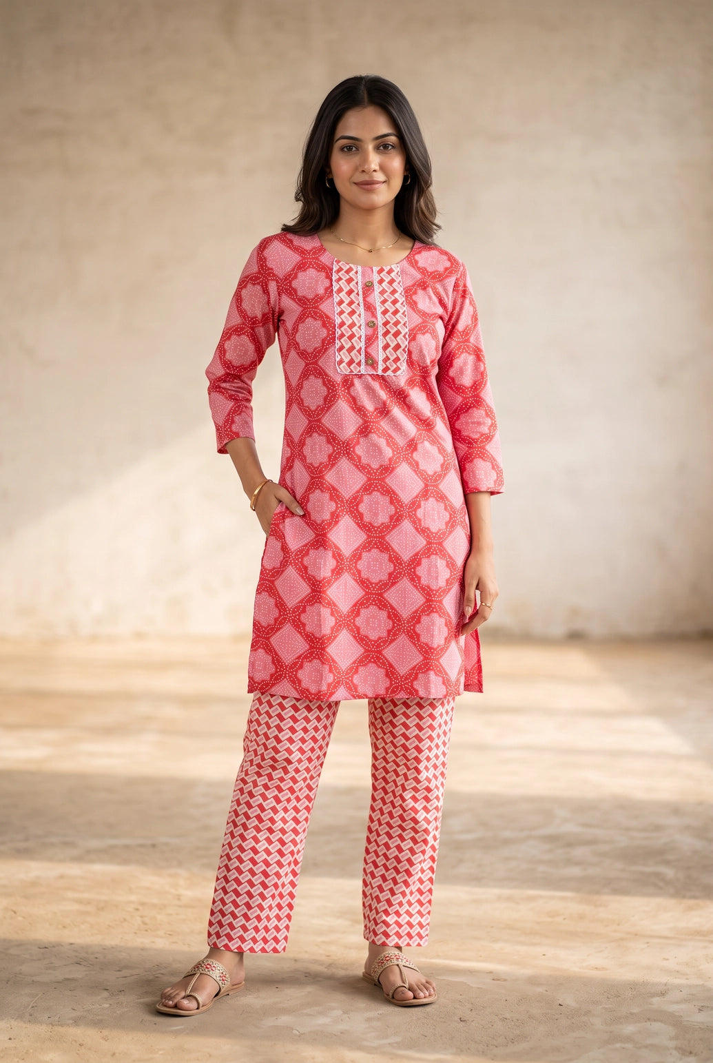 Pink Cotton Kurti with Matching Printed Pant Set for Women | Lace Detail & Decorative Buttons - Pink