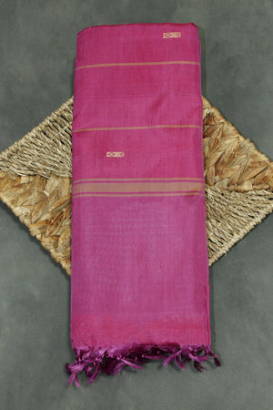 Magenta Pink Vaazhai Naar Saree with Light Blue Pallu and Small Butta - Borderless Handloom Saree