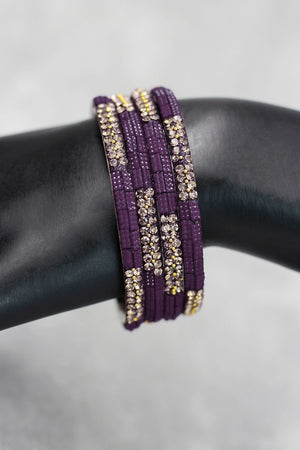Multicolour Crystal Beaded Bangles Set with Gold-Tone Sparkle for Festive Wear and Weddings (Red/Light Blue/Purple)