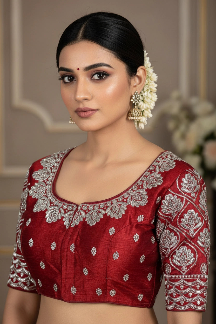 Red Zari Embroidered Padded Readymade Blouse with Floral Paisley Motifs, Elbow Sleeve and Back Knot - Red