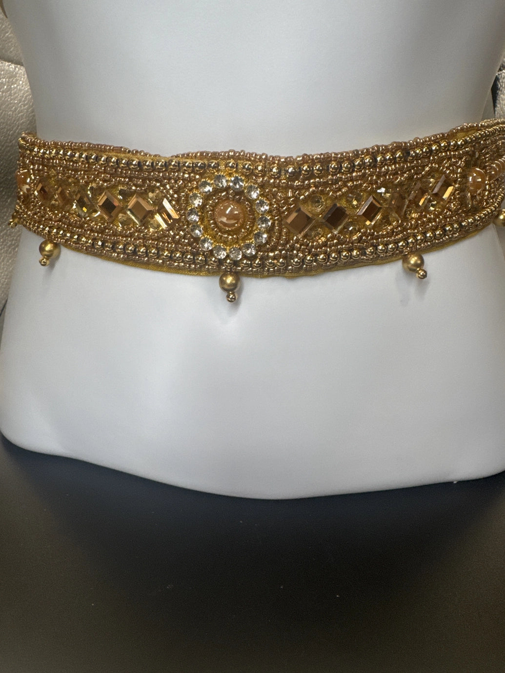 Gold-Tone Embellished Hip Belt with Mirror Accents and Bead Detailing - Traditional Ethnic Waist Belt Jewelry JCS Fashions Gold 30 - 34 inches