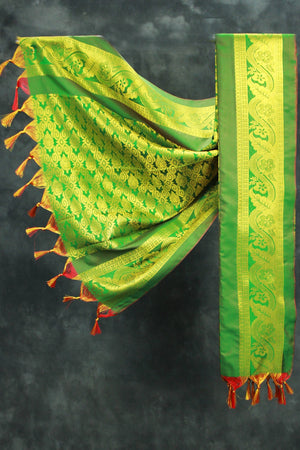 Green Zari Pattu Shawl with Traditional Border and Tassels for Pooja, Events and Functions