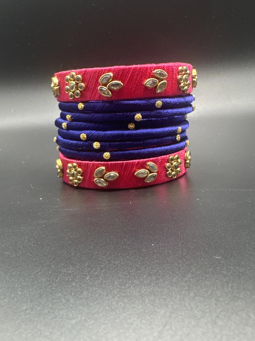 Silk Thread Kundan-Style Bangle Set - Pink & Royal Blue Silk-Wrapped Bangles (8 pcs, Size 2.4) - Pink & Royal Blue