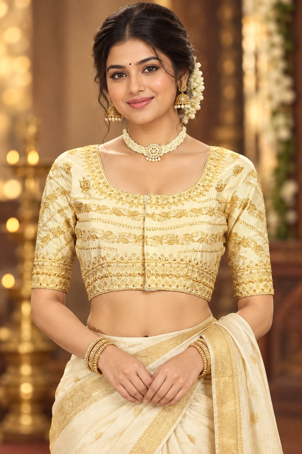 Sandal Padded Designer Blouse with Zari Floral & Vine Work, U-Neck, Elbow Sleeves, Back Knot, Fully Stitched - Sandal